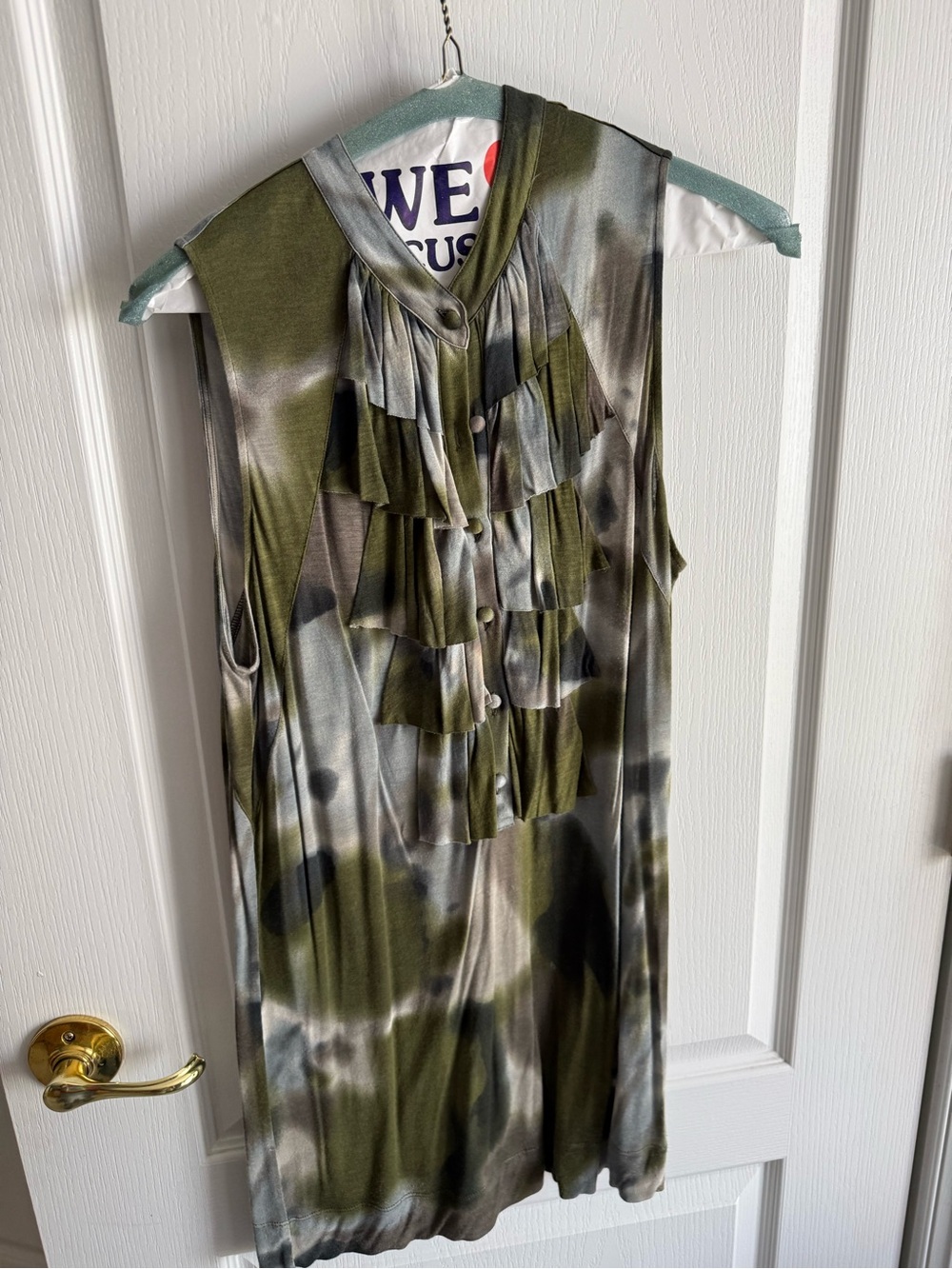 CAbi Olive Green and Gray Sleeveless Ruffle Front Top